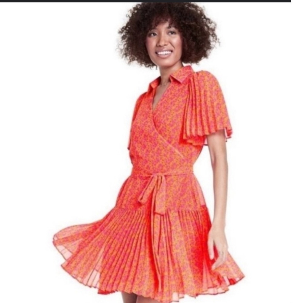 Summer Coastal Coral Floral Print Pleated Vacation Mini Dress 2XL
